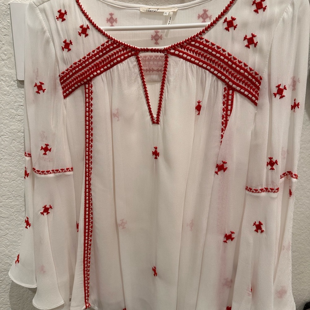 Anthropologie Sheer White Blouse with Red Embroidery